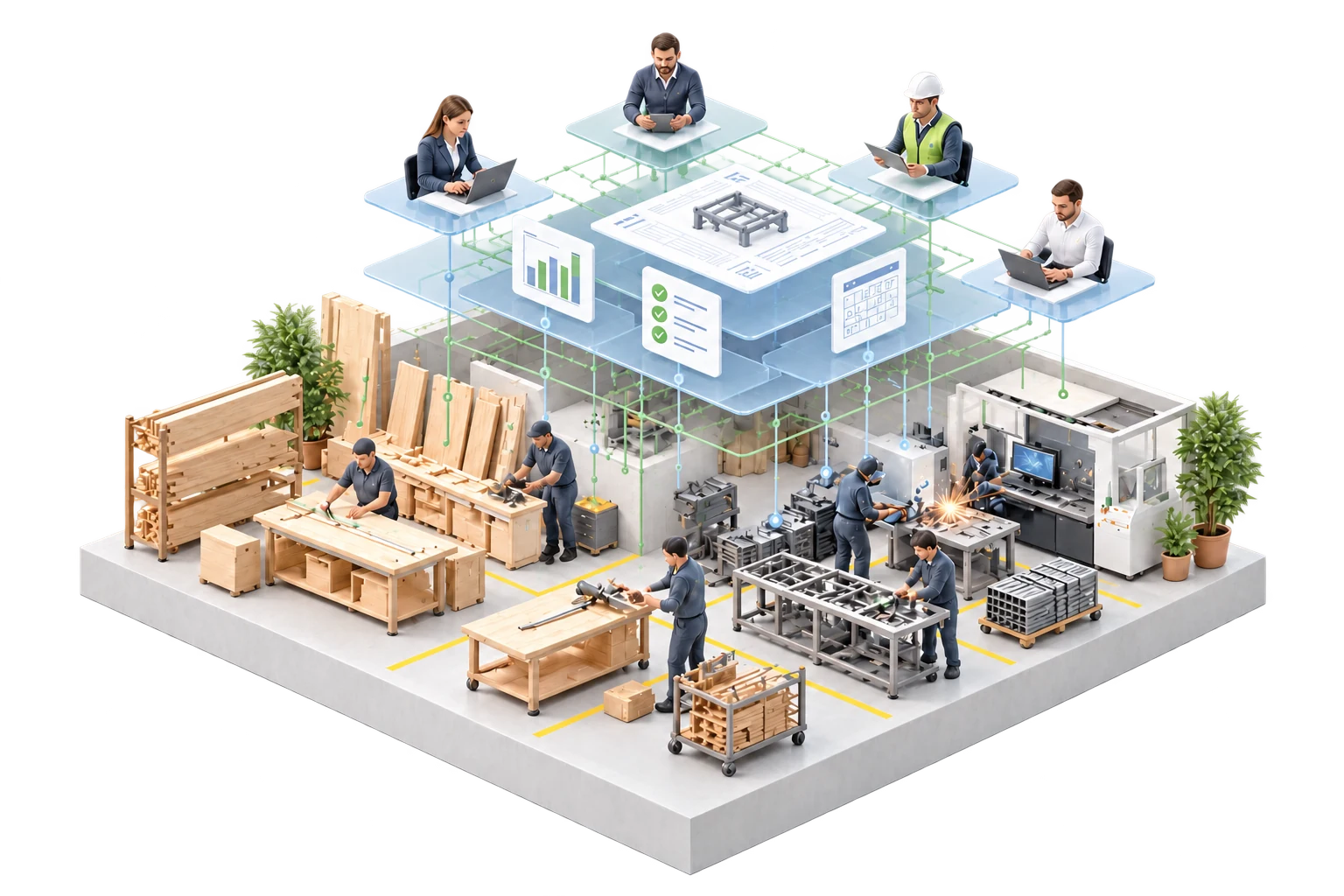 Ilustración conceptual de una operación industrial conectada al conocimiento compartido entre distintas funciones.