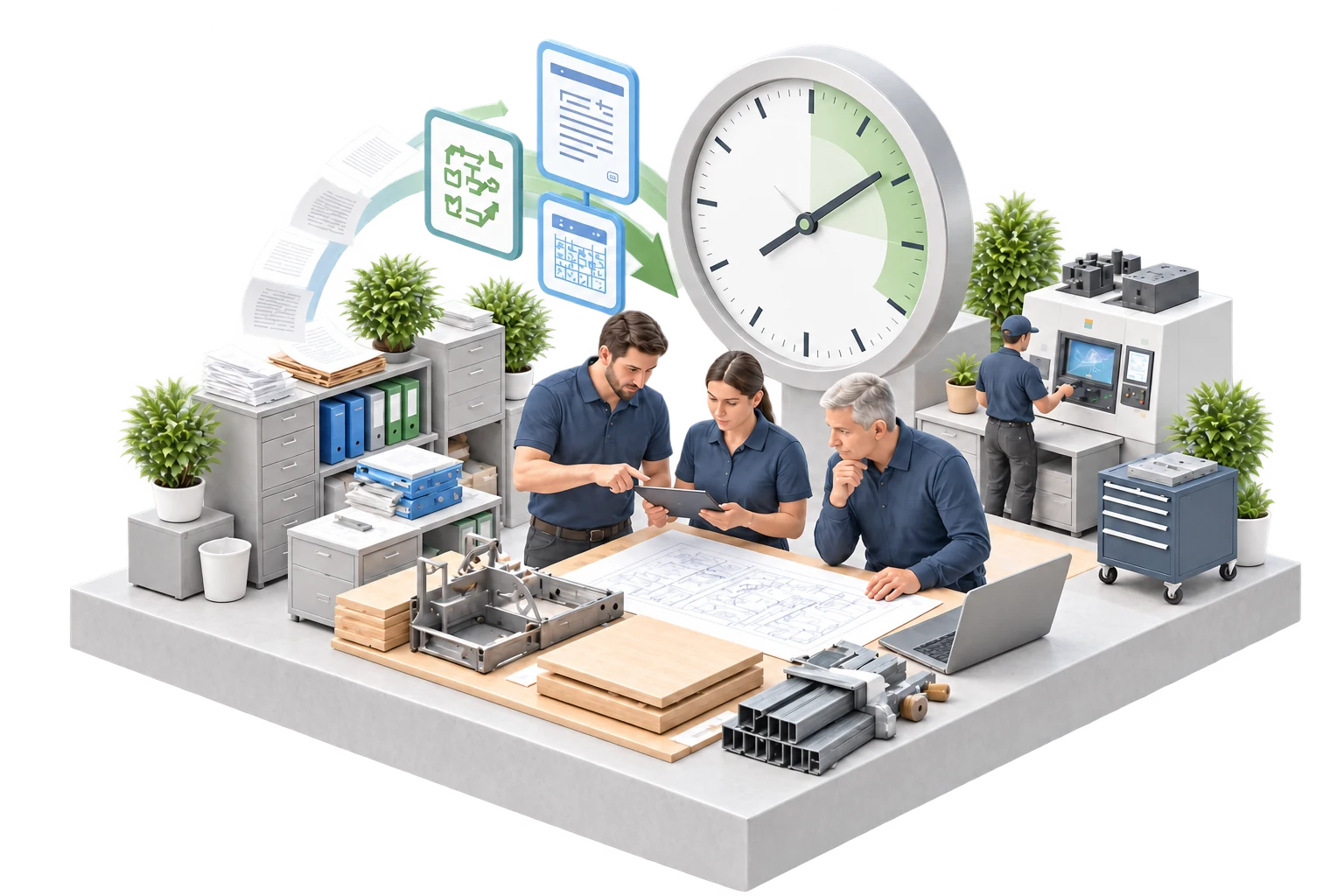 Ilustración conceptual de un equipo industrial que colabora con el apoyo de información organizada.